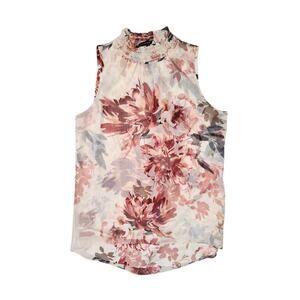 White House Black Market Size Small Cream Floral Mock Neck Top